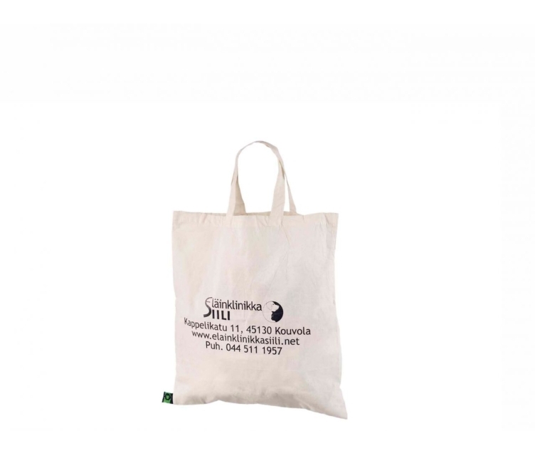 Lühikeste sangadega orgaanilisest puuvillast riidest kott logoga
